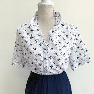 Diane Von Furstenberg White and Navy Button Down Shirt